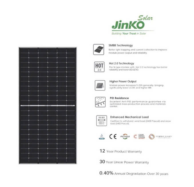 Tấm Pin NLMT Jinko Solar 580WP 1 Mặt Kính