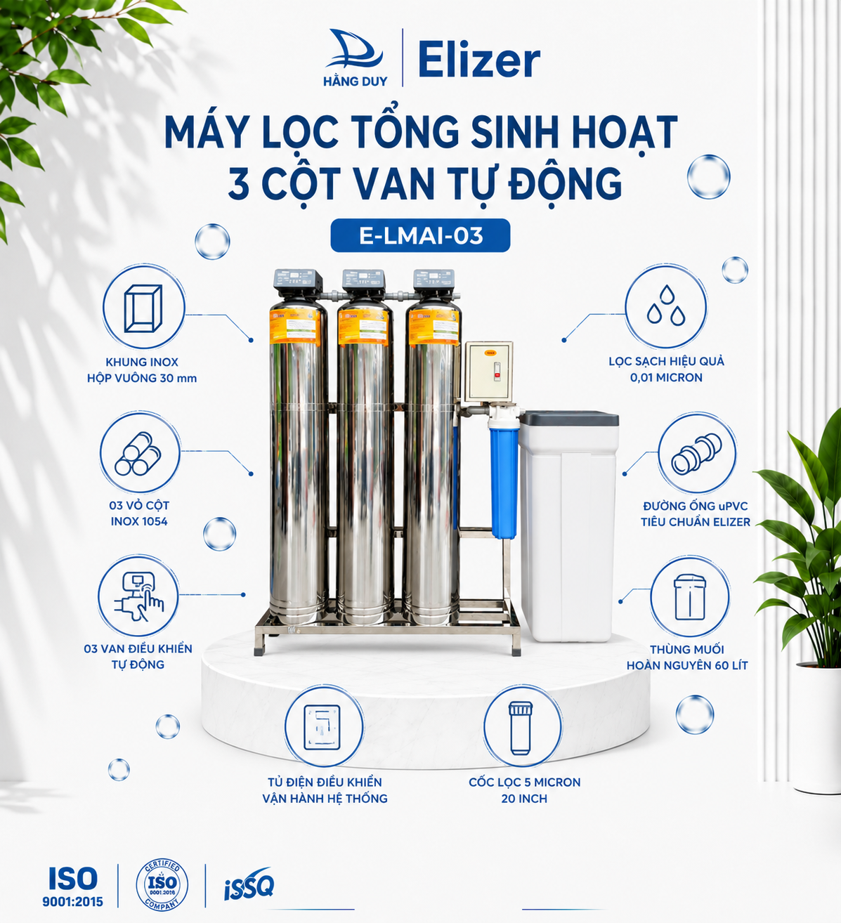 Máy lọc tổng sinh hoạt 3 cột van tự động E-LMAI-03