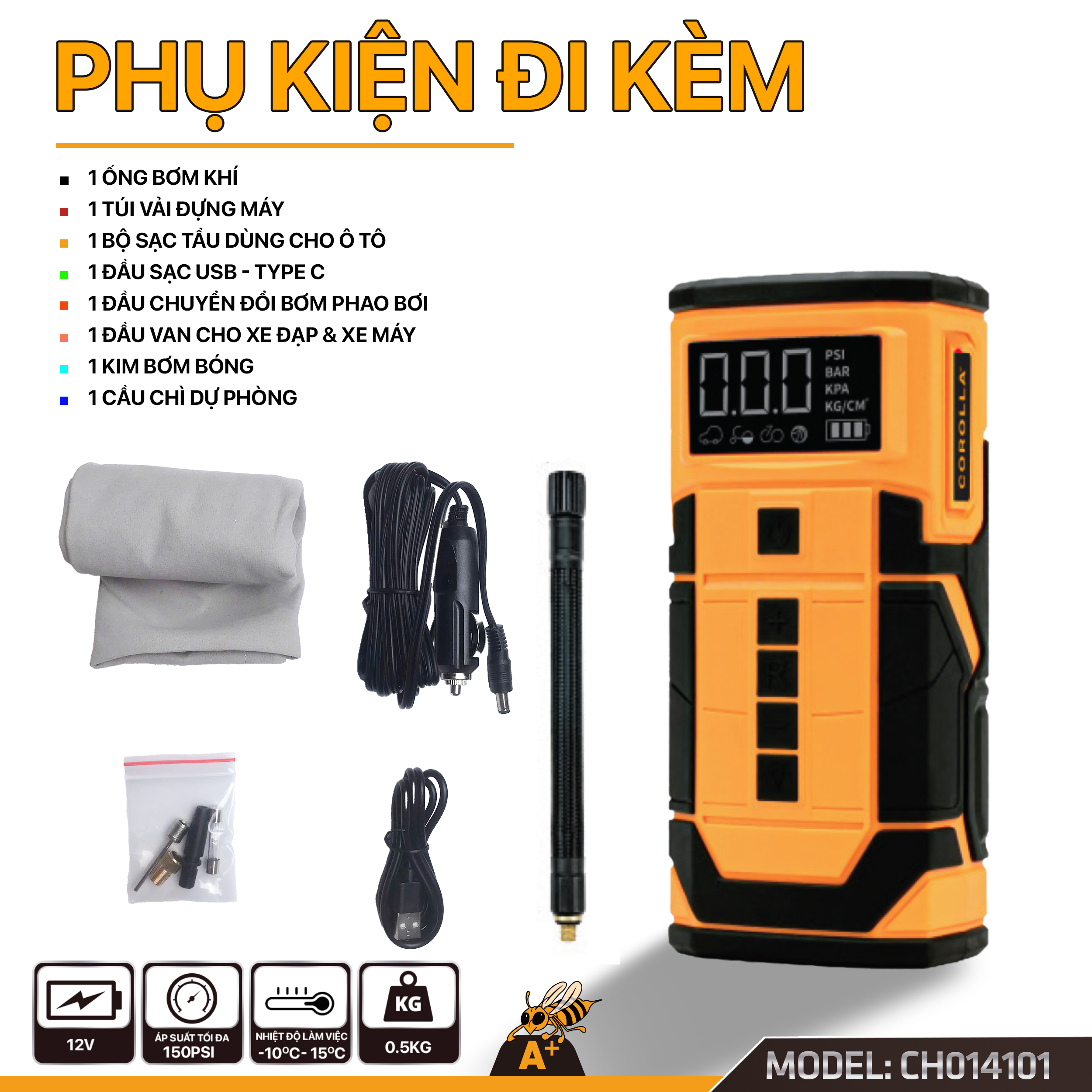 Chi tiết máy bơm hơi điện tử 12V CH014101