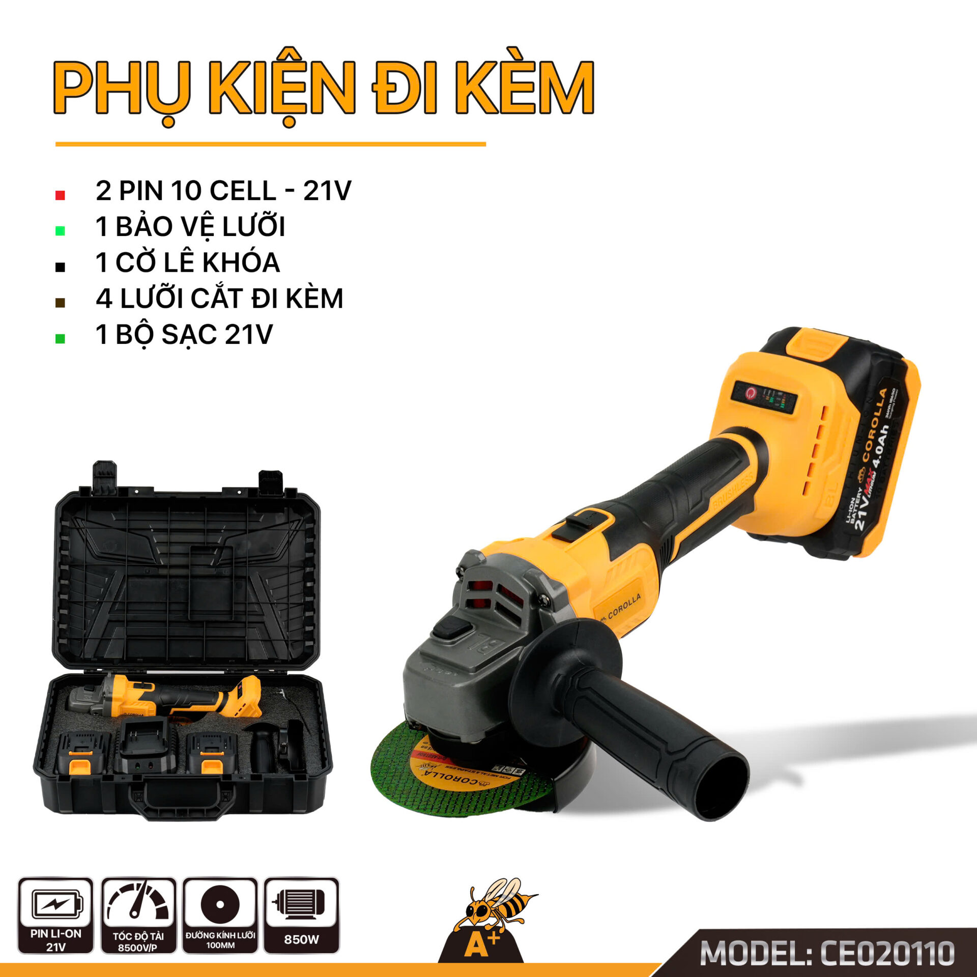 CE020110 – MÁY MÀI GÓC DÙNG PIN 100MM COROLLA