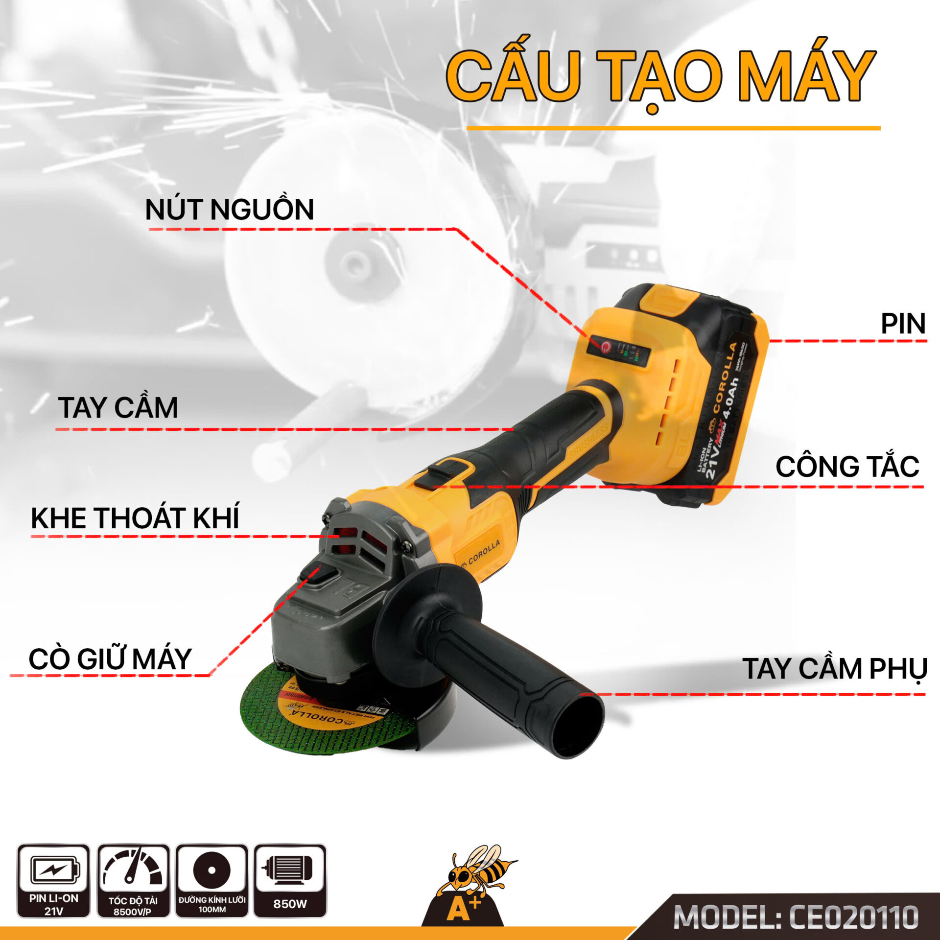 CE020110 – MÁY MÀI GÓC DÙNG PIN 100MM COROLLA