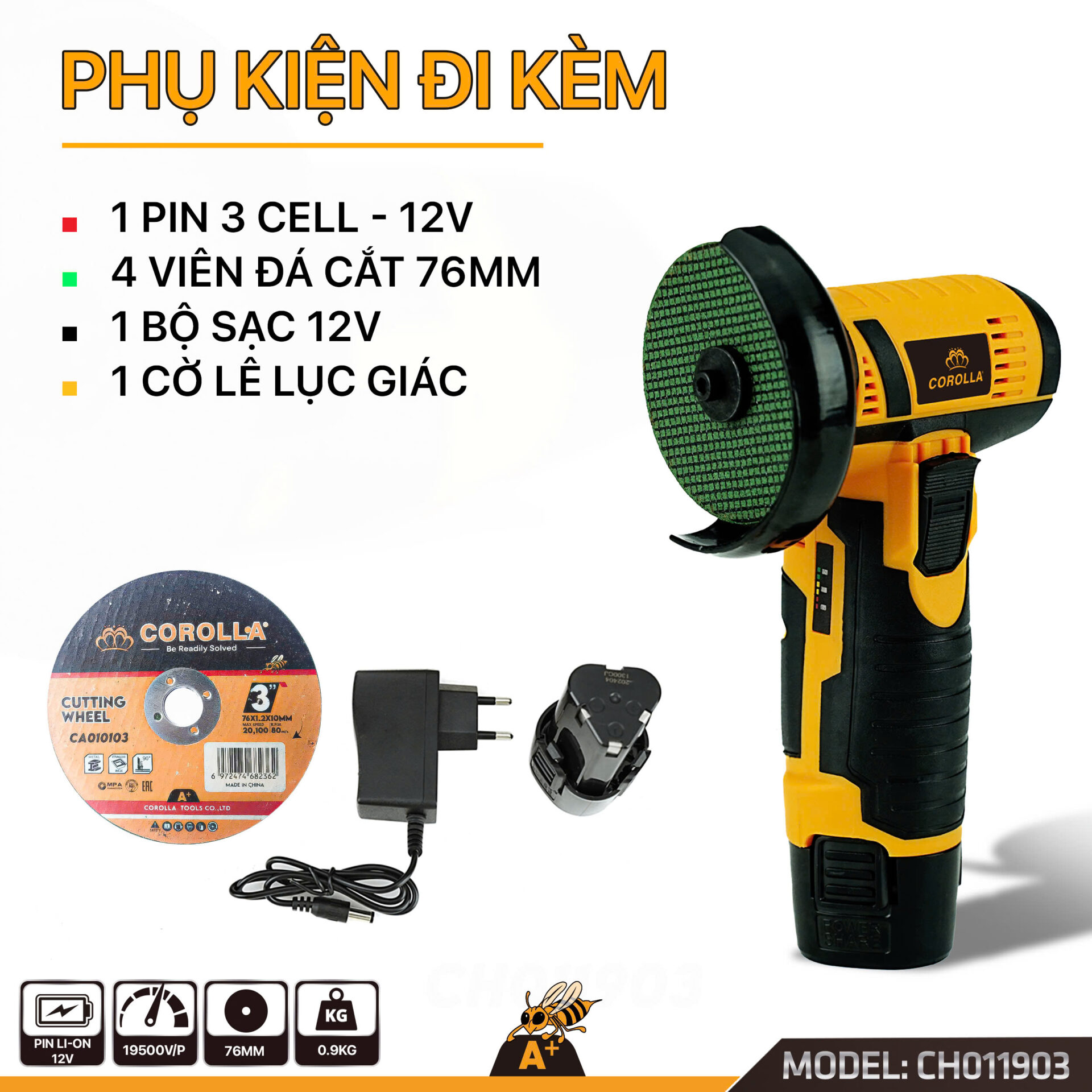 CH011903 – MÁY MÀI GÓC DÙNG PIN COROLLA 76MM