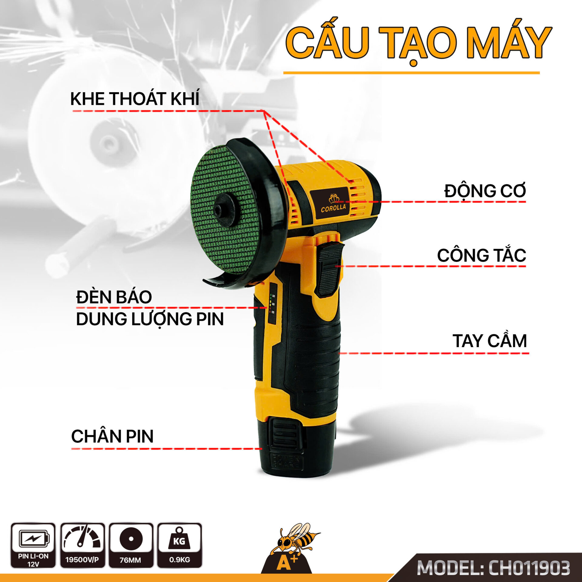 CH011903 – MÁY MÀI GÓC DÙNG PIN COROLLA 76MM