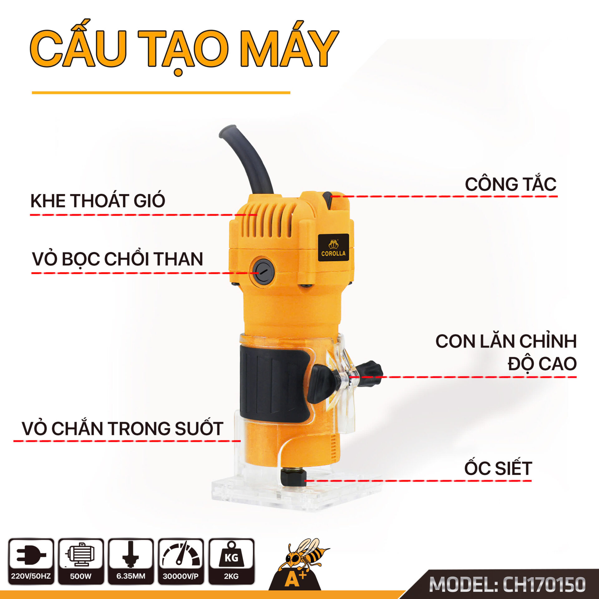 CH170150 MÁY SOI GỖ, MÁY PHAY CẮT MÉP 500W