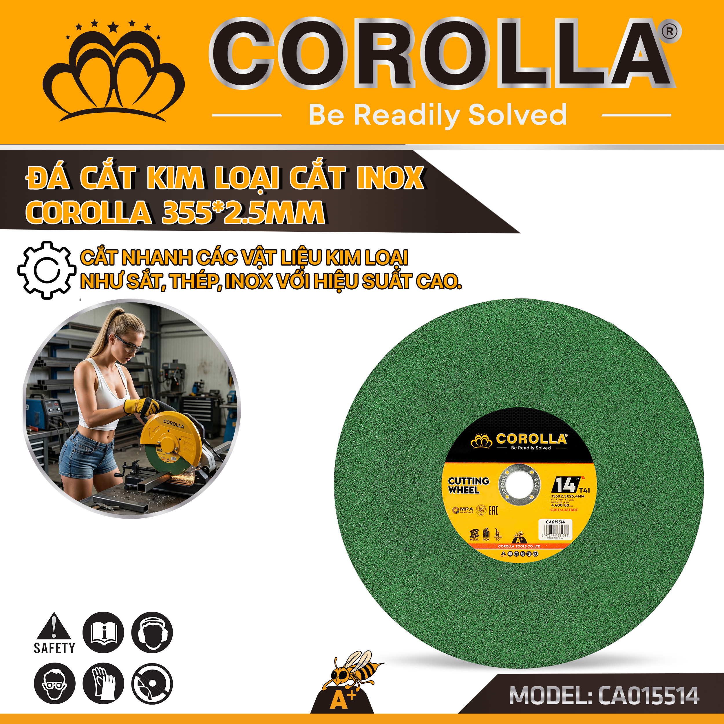 ĐÁ CẮT KIM LOẠI CẮT INOX COROLLA 355*2.5MM