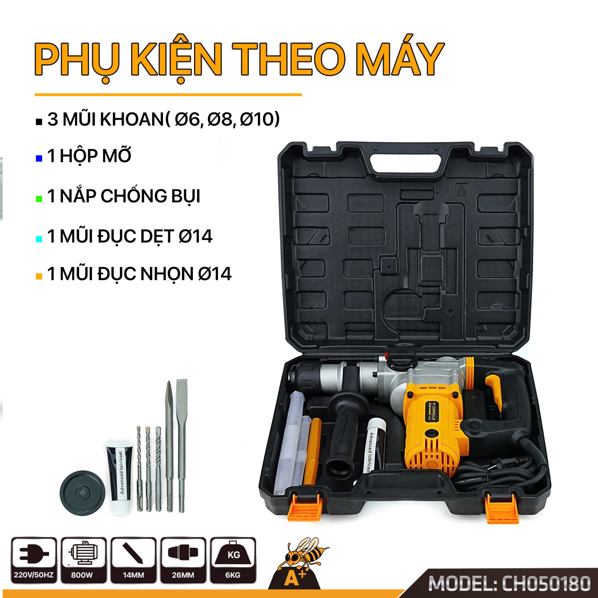 Chi tiết máy khoan đục bê tông 2 chức năng 800W CH050180
