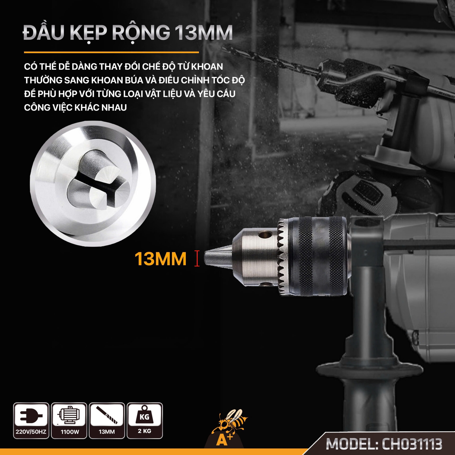 CH031113 – Máy khoan đầu 13mm kèm búa Corolla