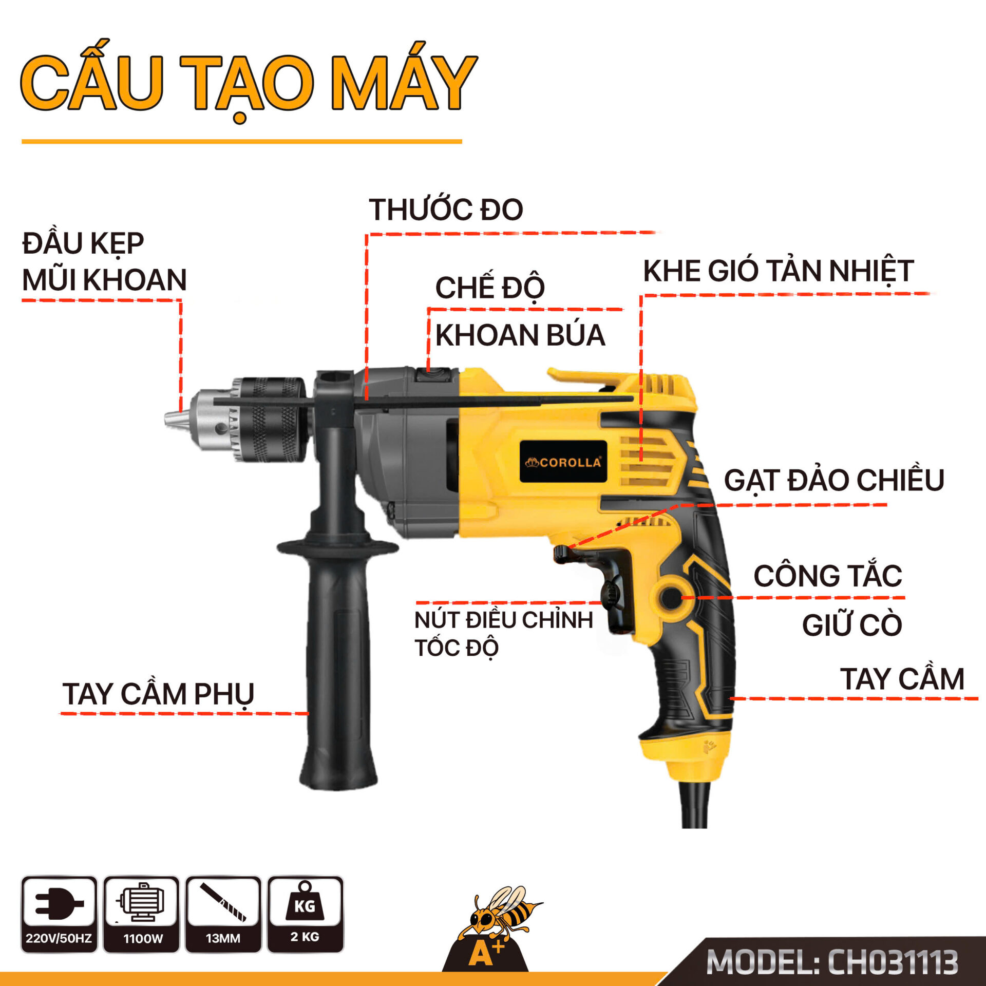 CH031113 – Máy khoan đầu 13mm kèm búa Corolla