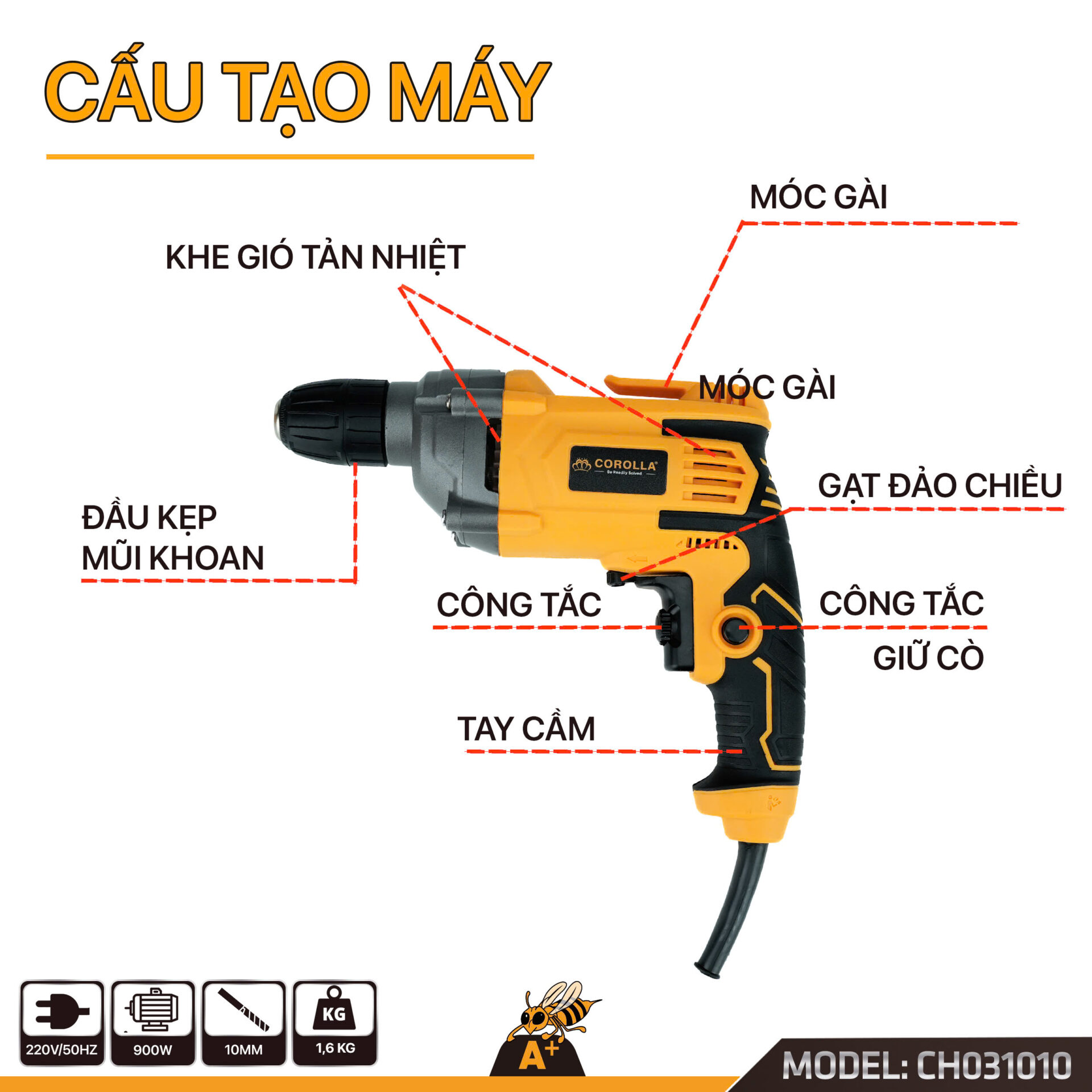 CH031010 Máy khoan điện, máy vặn vít cầm tay 900W