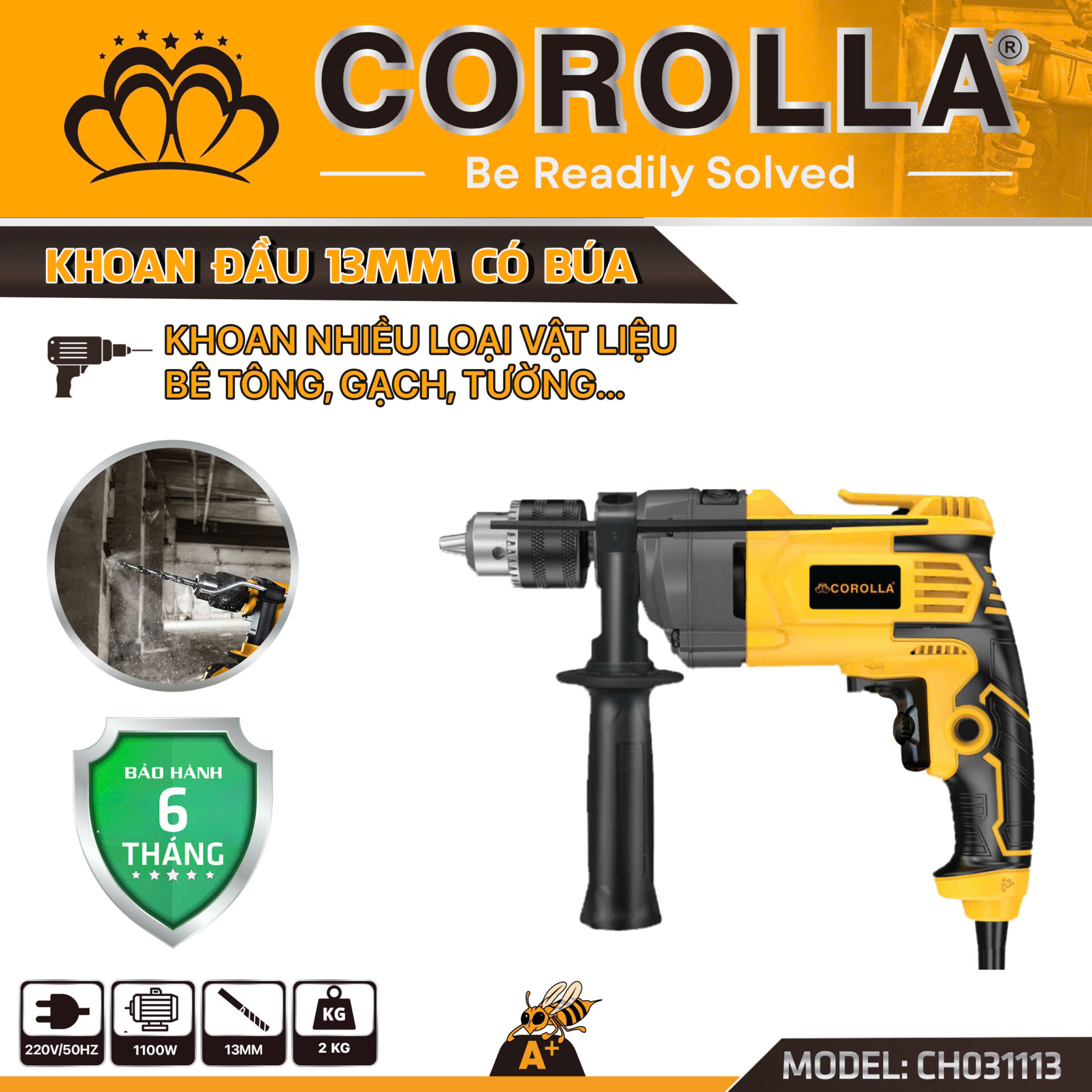 MÁY KHOAN ĐẦU 13MM KÈM BÚA COROLLA CH031113